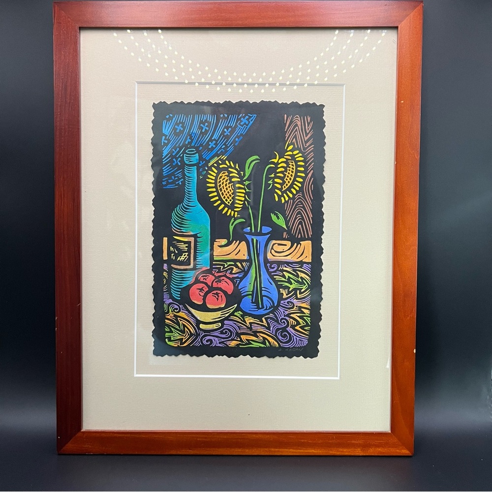 Original Linoleum Block & Acrylic "Sunflowers” Framed Signed A. Hagan Md Artist